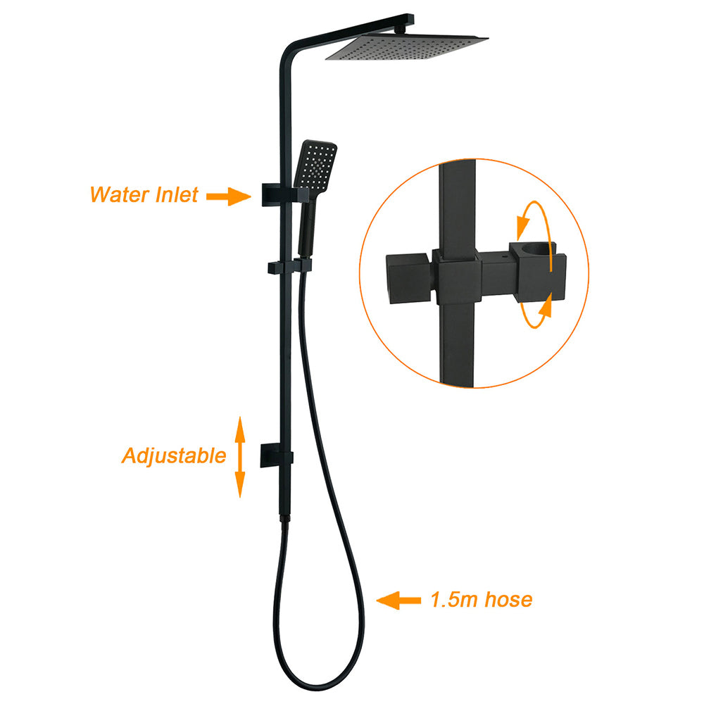 Matt Black Dual Shower Square 10" Rain Head 3 Modes Handheld Silde Rail Arm Set