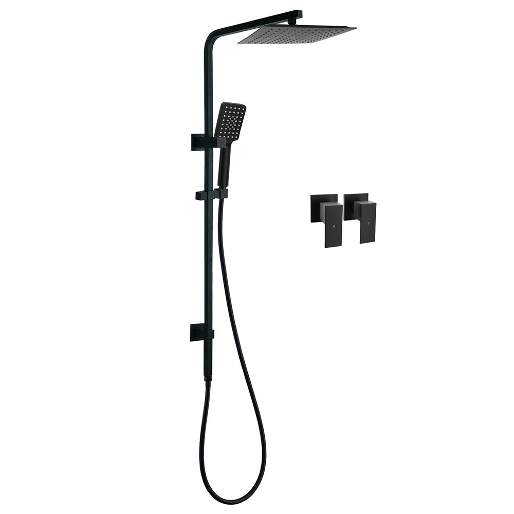Matt Black Dual Shower Square 10" Rain Head 3 Modes Handheld Brass Silde Rail Twin Taps
