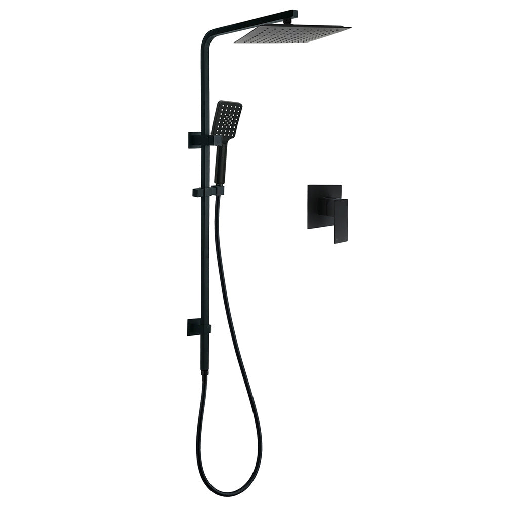 Matt Black Dual Shower Square 10" Rain Head 3 Modes Handheld Brass Silde Rail Mixer Set