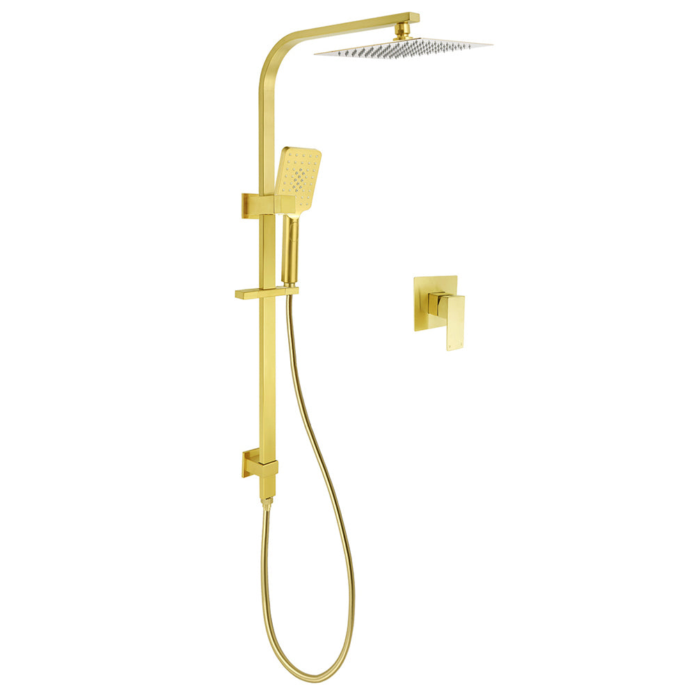 WELS Brushed Gold 2in1 Set 8" Square Rain Shower Head 3 Modes Handheld Silde Rail Arm + Mixer