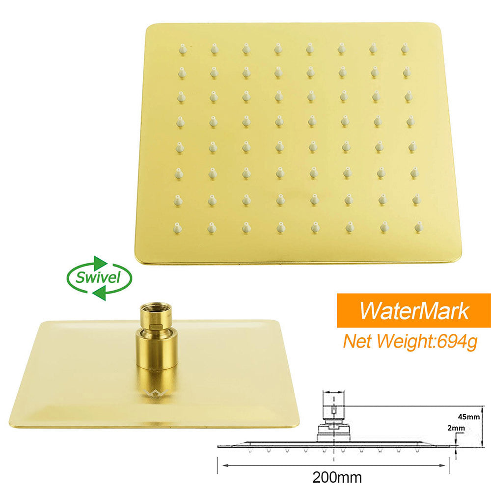 WELS Brushed Gold 2in1 Set 8" Square Rain Shower Head 3 Modes Handheld Silde Rail Arm + Mixer