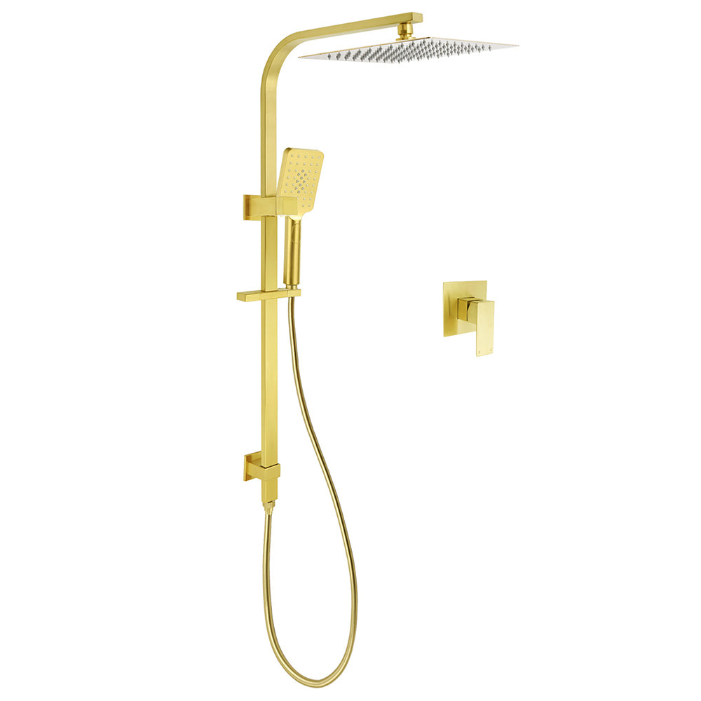 Brushed Gold Square Dual Shower 12" Large Rain Head Handheld Silde Rail Arm 2in1 Set + Mixer