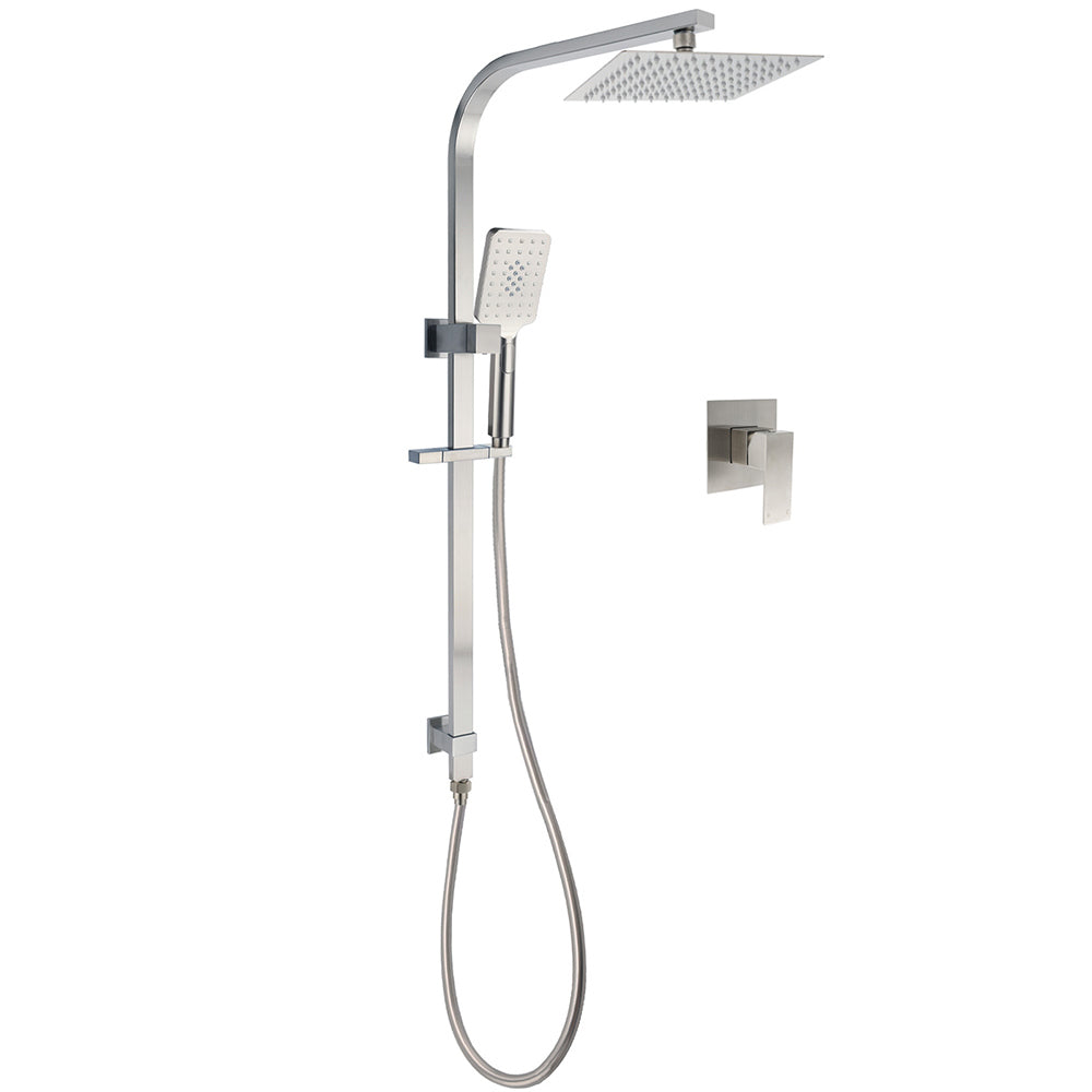 Brushed Nickel Square Twin Shower Set 8" Rain Head 3 Modes Handheld Silding Rail Mixer