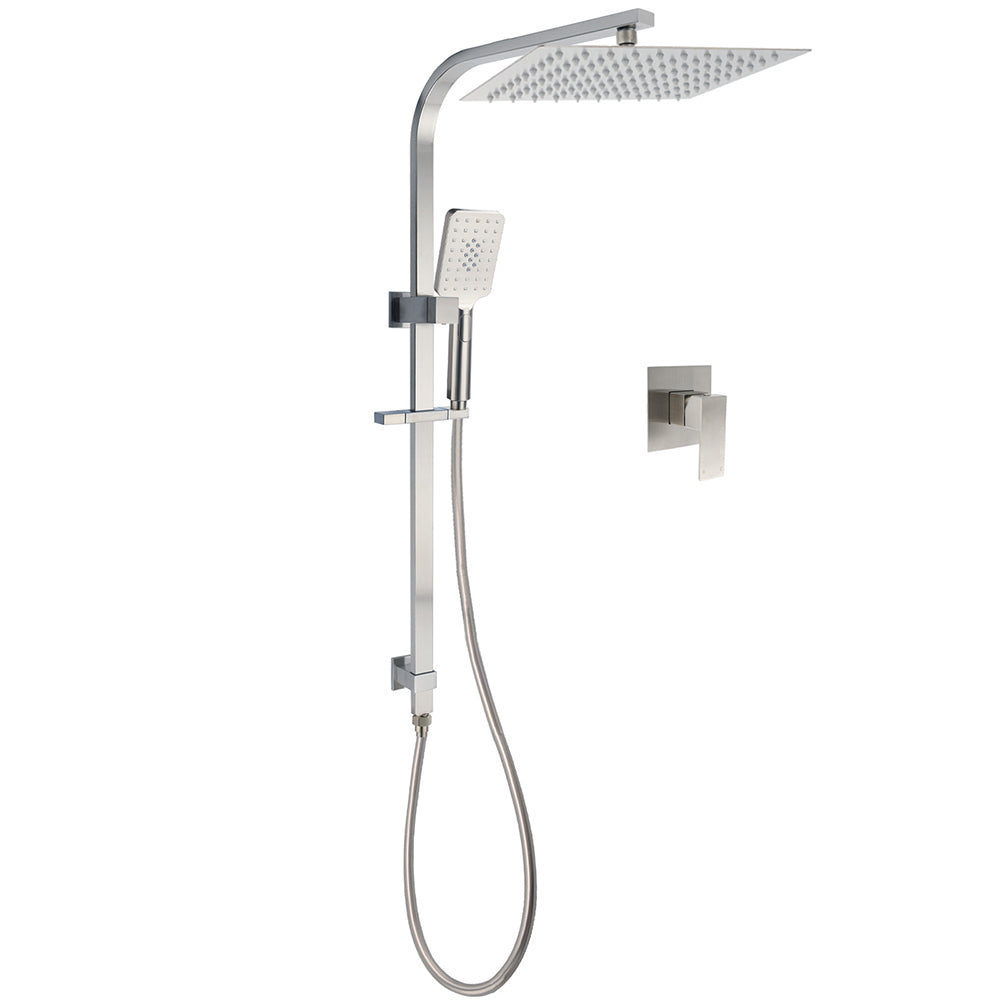 Brushed Nickel Square Twin Shower Set 12" Rain Head 3 Modes Handheld Silding Rail Wall Mixer