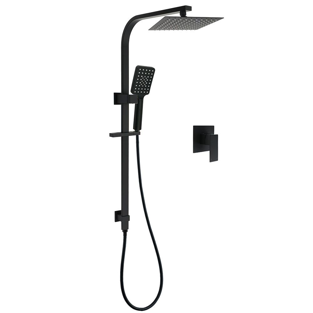 Matt Black Square Twin Shower Set 8" Rain Head 3 Modes Handheld Silde Rail Arm + Mixer