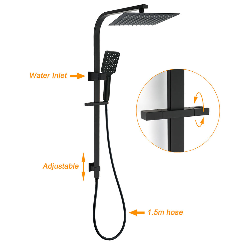 WELS Matt Black 2in1 Shower Set 10" Square Rain Head Handheld Silde Rail Arm Twin Taps