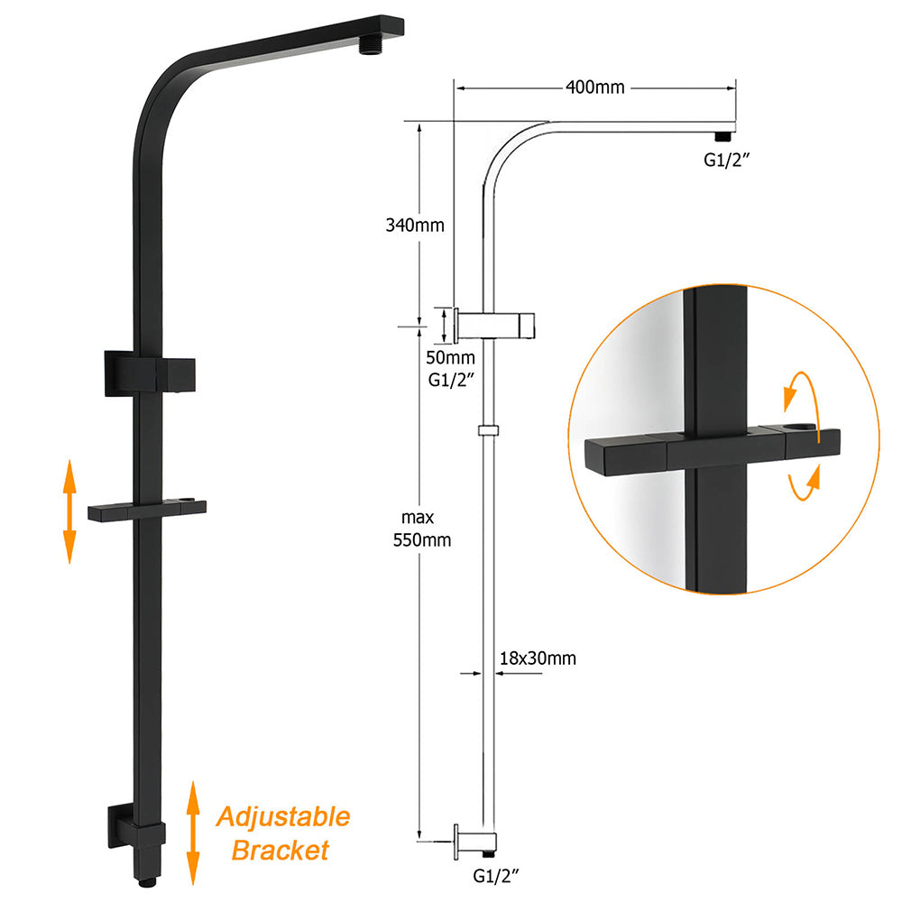WELS Matt Black 2in1 Shower Set 10" Square Rain Head Handheld Silde Rail Arm Twin Taps