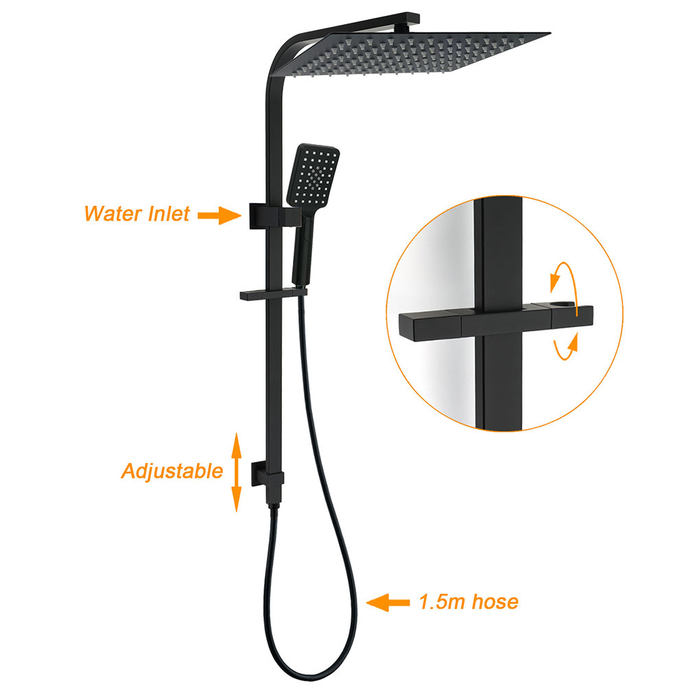 WELS Matt Black Dual Shower Set Large 16" Rainfall Head 3 Modes Handheld Silding Rail Combo Mixer