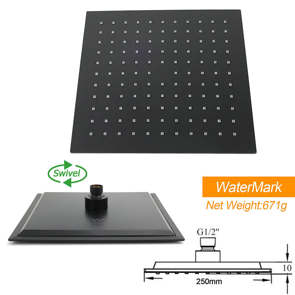 Matt Black Square Twin Shower 10" Rain Head 3 Modes Handheld Silde Rail Arm Taps Set