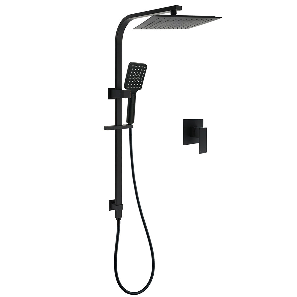 Matt Black Square Twin Shower 10" Rain Head 3 Modes Handheld Silde Rail Arm Mixer Set