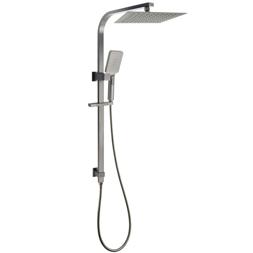 Gun Metal Double Square Shower Head Set 10" Rain Handheld Sliding Rail Diverter