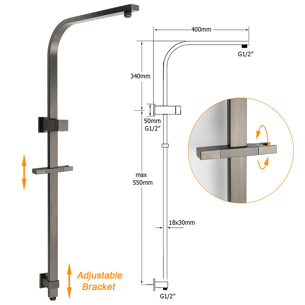 Gun Metal Double Square Shower Head Set 10" Rain Handheld Sliding Rail Diverter