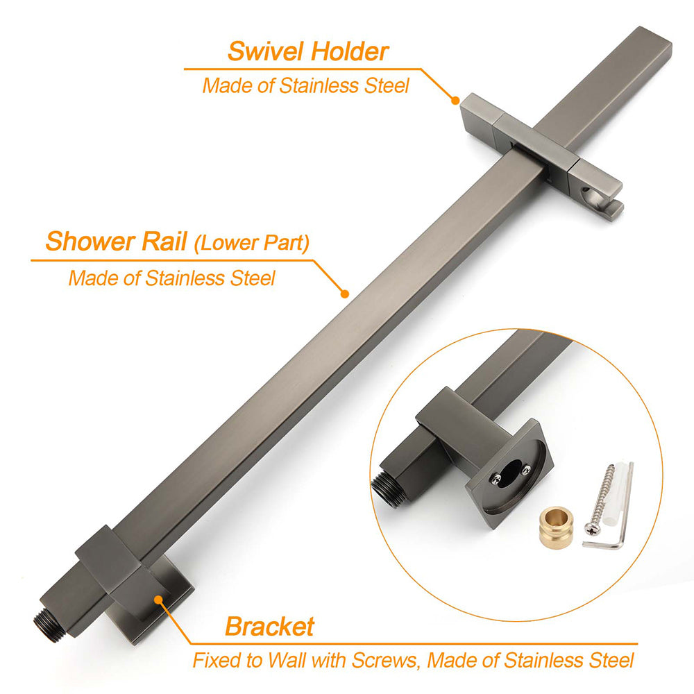 Gun Metal Double Square Shower Head Set 10" Rain Handheld Sliding Rail Diverter