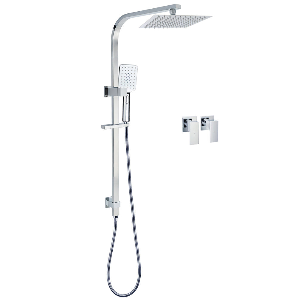 Chrome Twin Square Shower Set 8" Rain Shower Head 3 Function Handheld Rail Arm Taps