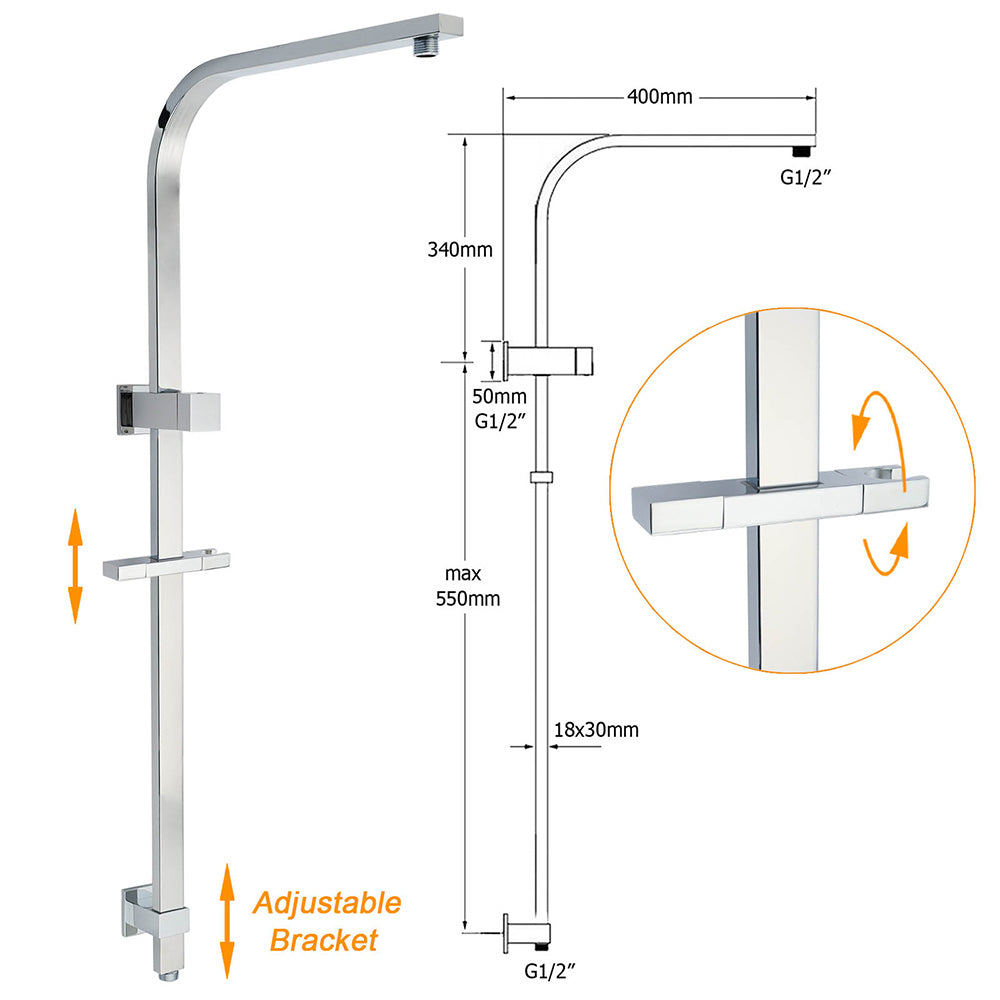 WELS Chrome 8" Twin Square Shower Set Rain Head 3 Modes Handheld Sliding Rail + Taps