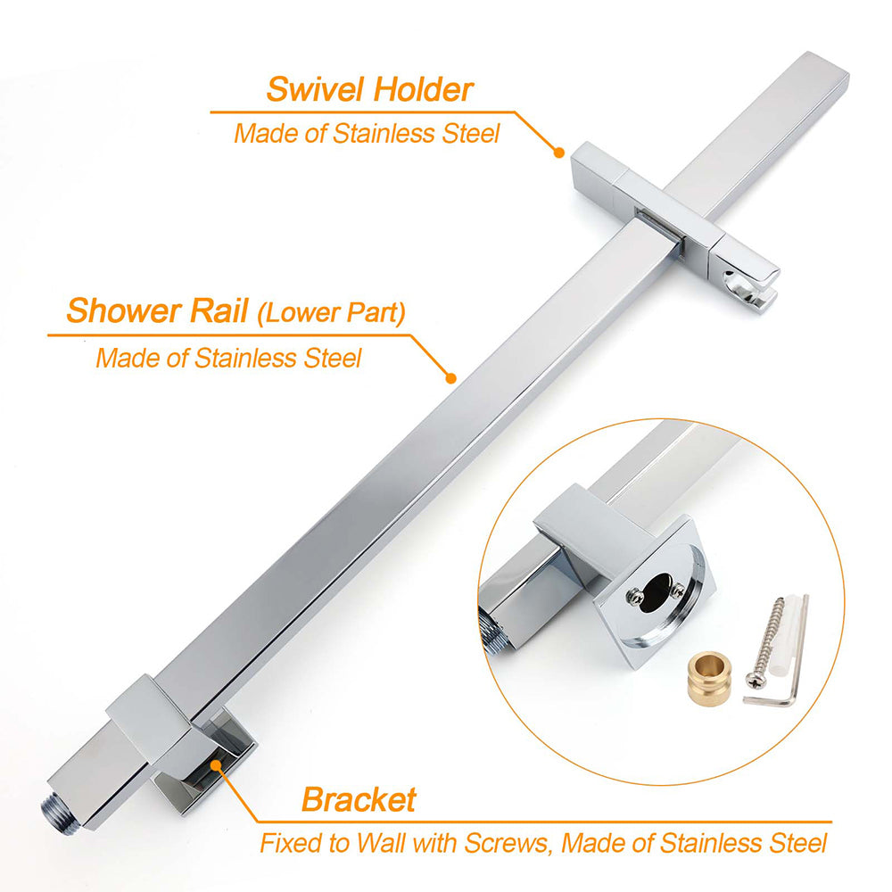 Chrome Dual Square Shower Set 16" Rain Shower Head 3 Function Handheld Rail Arm Mixer