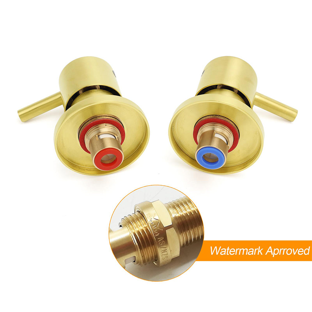 Brushed Gold Brass 1/4 Turn Round Hot Cold Tap Wall Set For Shower Vanity Spout