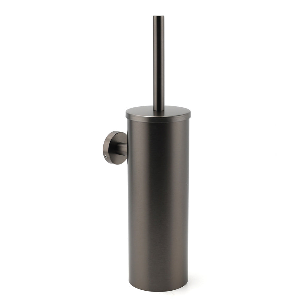 Bathroom Accessory Gun Metal Round Toilet Brush &amp; Stainless Steel Holder Cup Kit