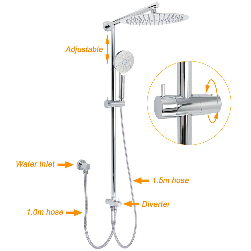WELS Chrome Round Large 12" Rain Shower Head 3 Modes Handheld Wall Arm Rail 2in1 Set