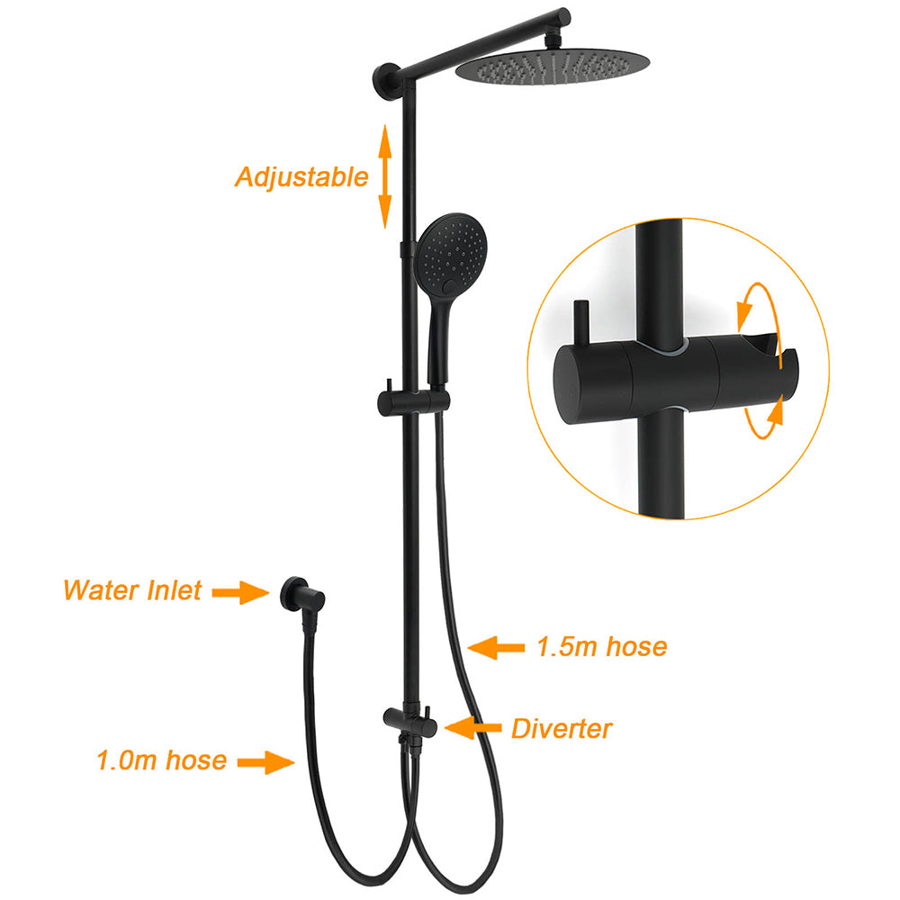 Dual Black Round Shower 10" Rain Head 3 Mode Handheld Sliding Rail Diverter Mixer Set