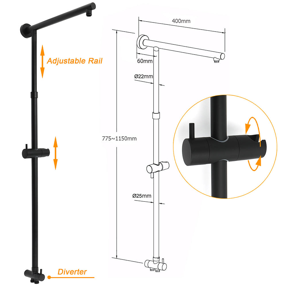 Dual Black Round Shower 10" Rain Head 3 Mode Handheld Sliding Rail Diverter Mixer Set