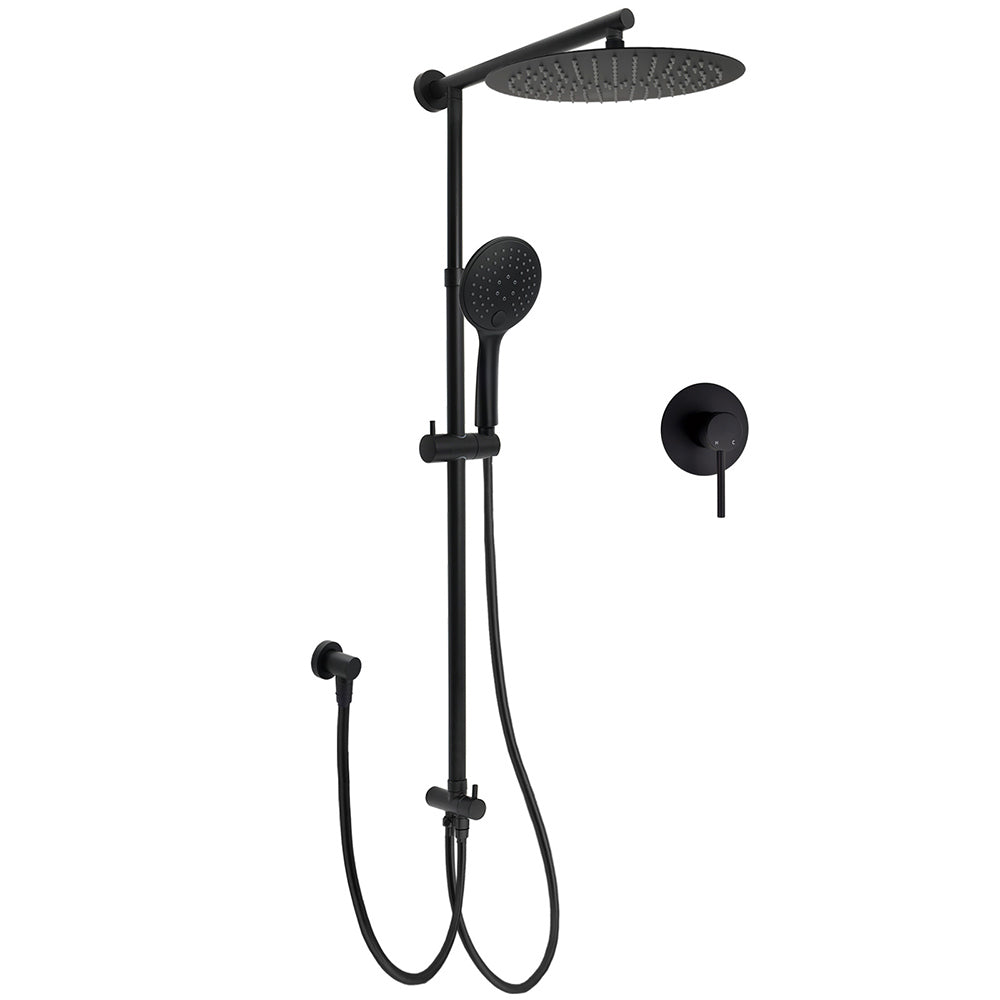 WELS Matte Black 12" Twin Round Shower Head Set Handheld Diverter Rail Wall Arm Mixer