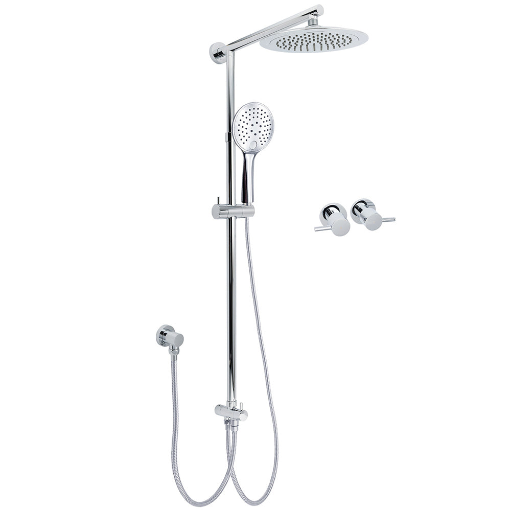 WELS Chrome Round 9" Rainfall Dual Shower Head &amp; Handheld Sliding Rail Wall Arm Twin Taps
