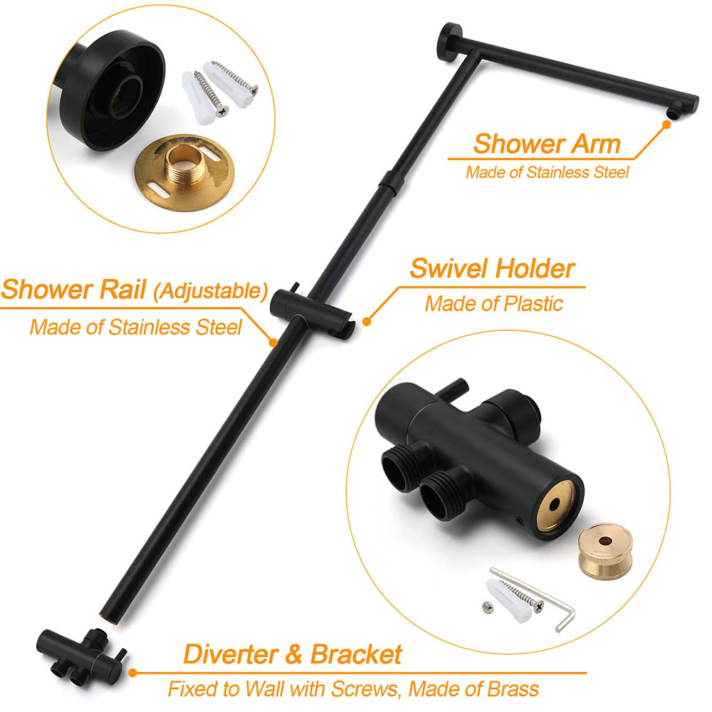 Matt Black Dual Shower Large 12" Square Head Handheld Adjustable Silde Rail Set Twin Taps
