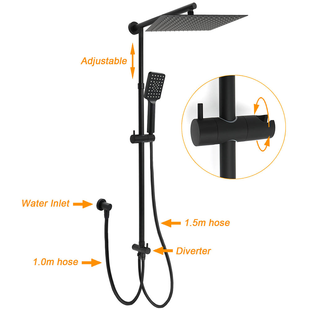 Matt Black Dual Shower Large 12" Square Head Handheld Adjustable Silde Rail Set Mixer