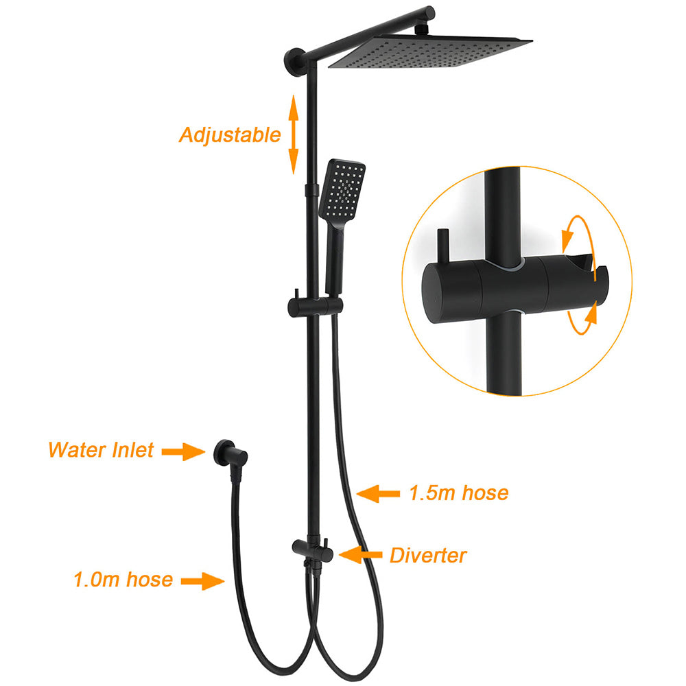 WELS Matt Black 2in1 Square 10" Rain Shower Head 3 Mode Handheld Adjustable Rail Set
