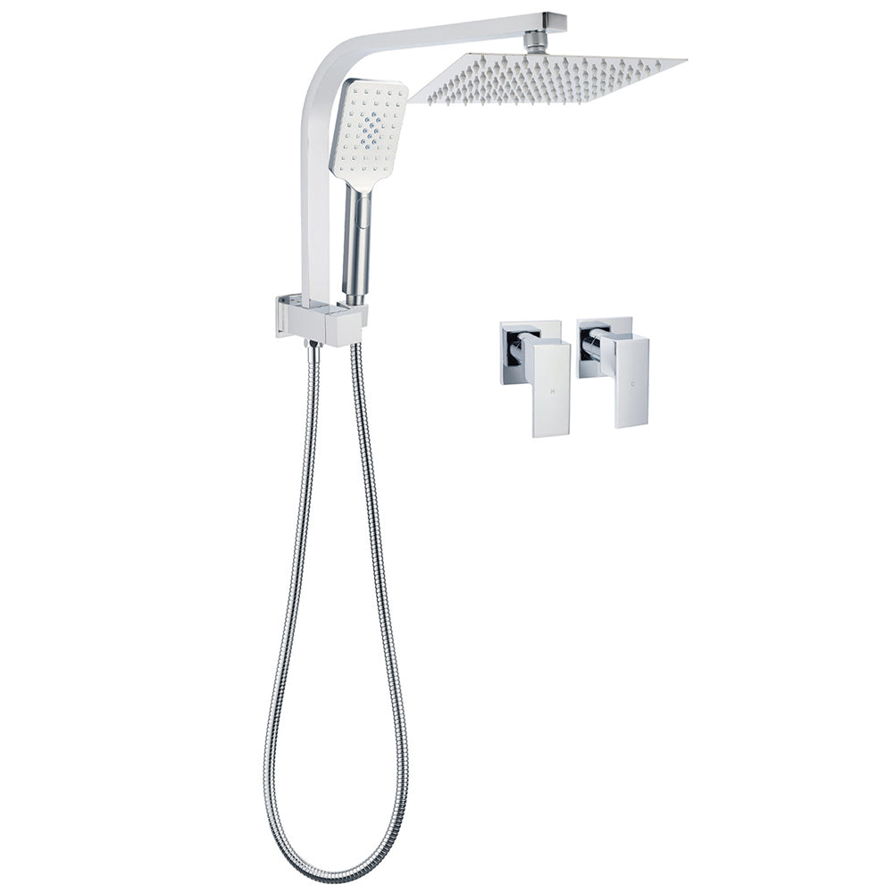 WELS Chrome Square Dual Rain Shower 8" Head 3 Mode Handheld Diverter Wall Arm Twin Taps Set