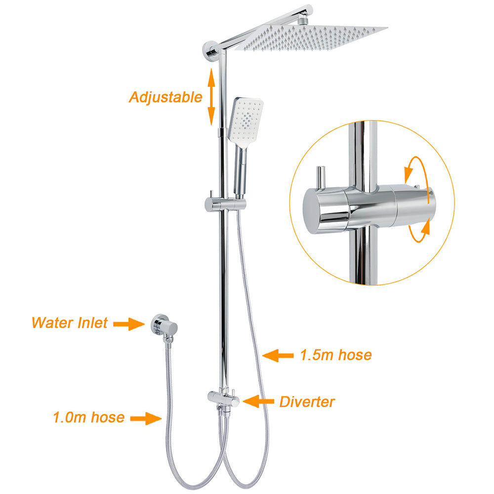 Chrome Square 10" Twin Shower Head Handheld Sliding Rail Set Wall Inlet Diverter