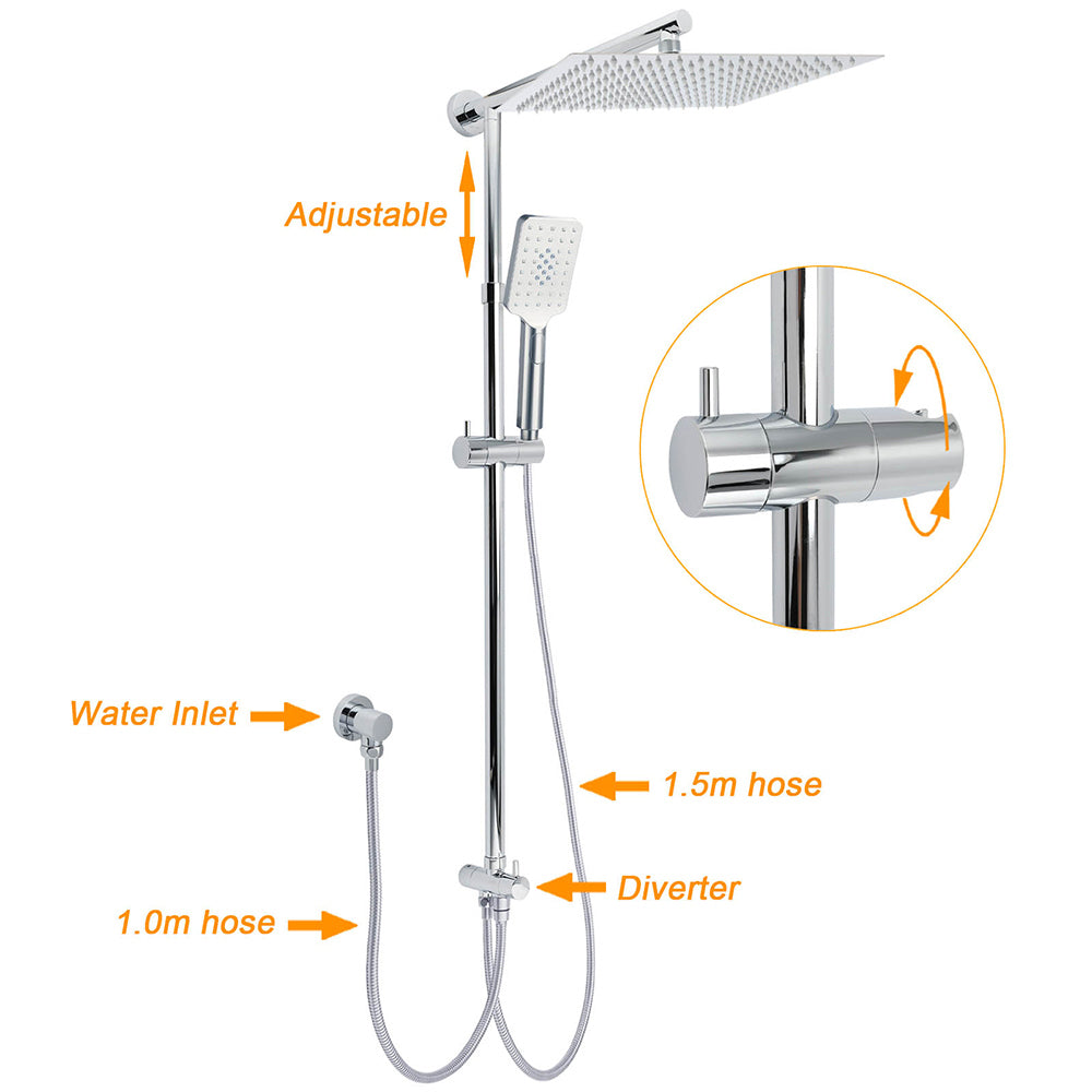 Double Square Shower Head 12" Rain Rose + 3 Modes Handheld Diverter Rail Arm Mixer Set