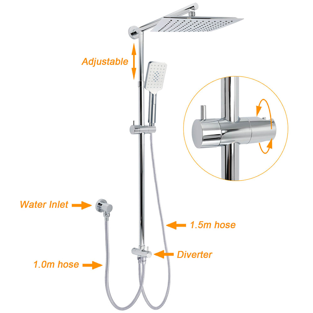 WELS Chrome Square 10" Rain Shower Head 3 Mode Handheld Sliding Rail Wall Arm With Mixer
