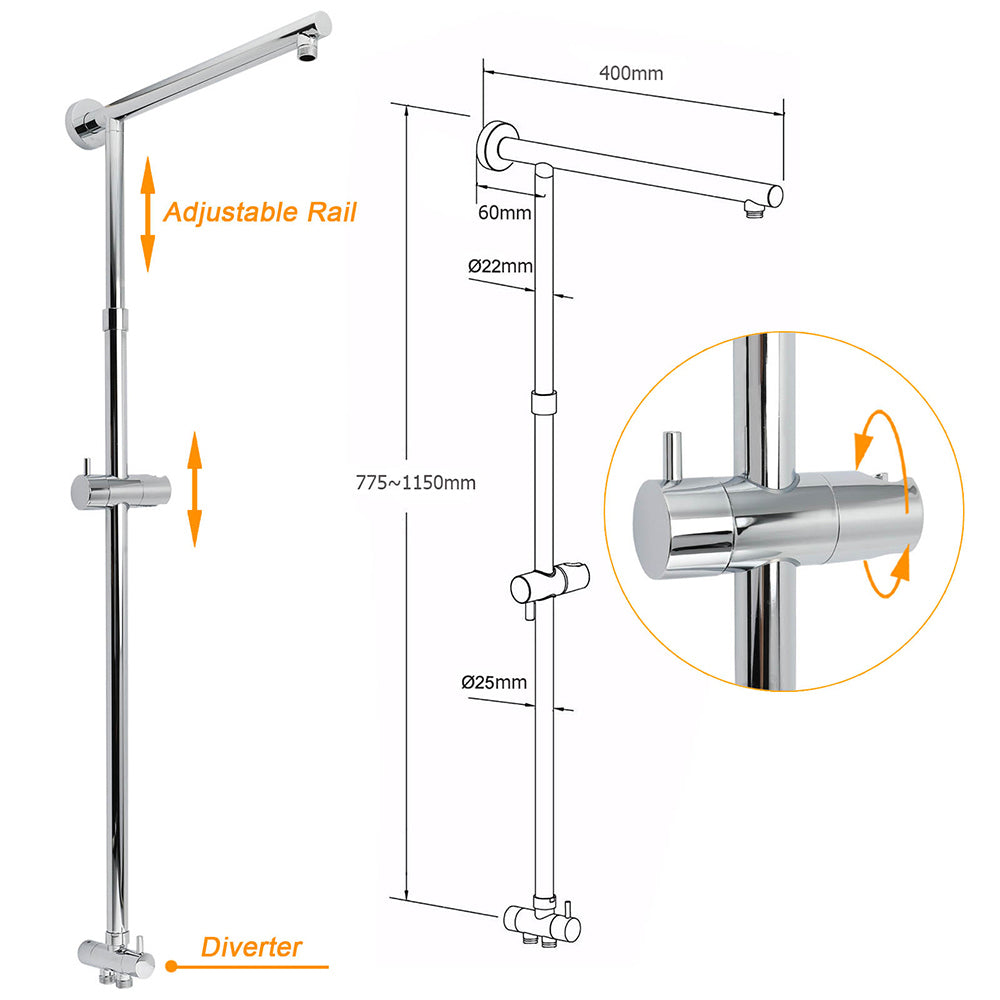 WELS Chrome Square 10" Rain Shower Head 3 Mode Handheld Sliding Rail Wall Arm With Mixer