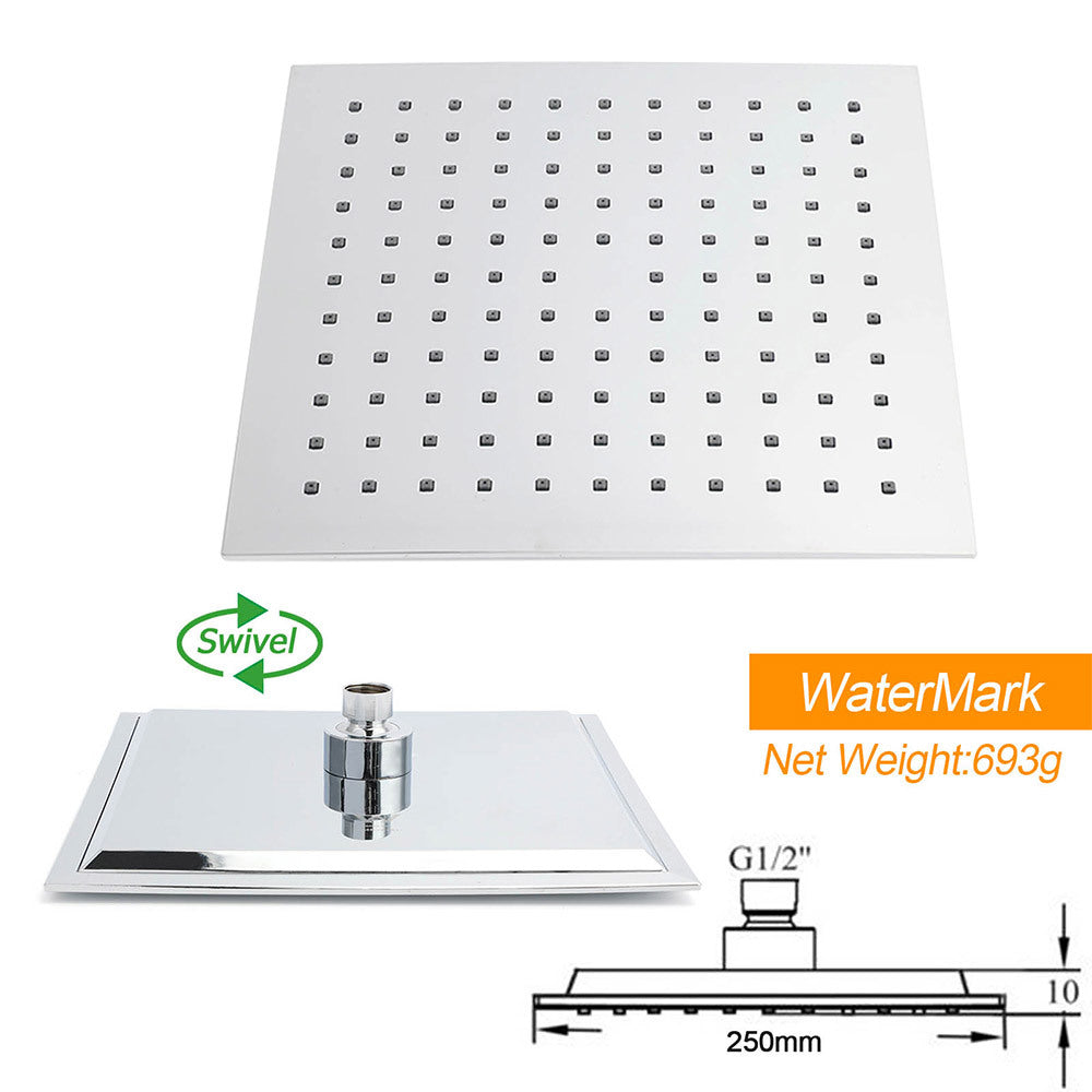 WELS Chrome Square 10" Rain Shower Head 3 Mode Handheld Sliding Rail Wall Arm With Mixer