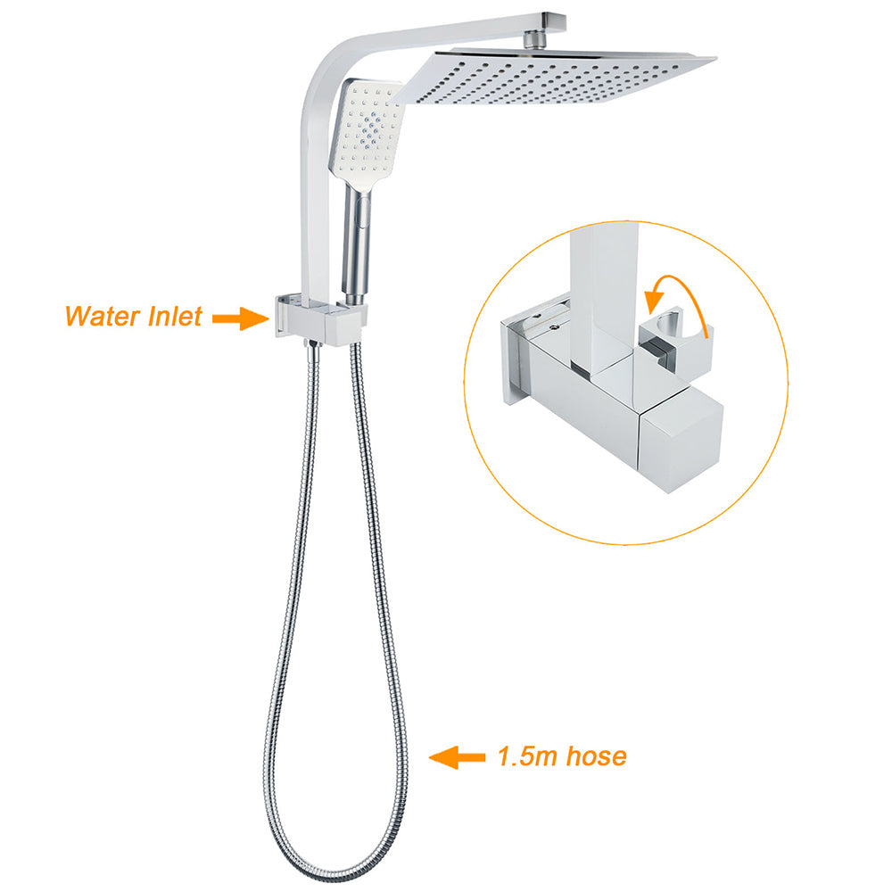 WELS Twin Square 10" Rain Shower Head 3 Mode Handheld Diverter Wall Arm Mixer Set