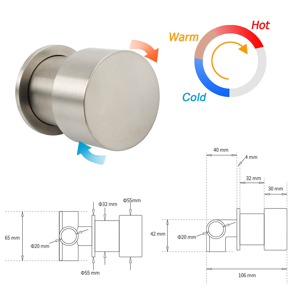 Brushed Nickel Bath Shower Mixer Round 1/4 Knob Hot Cold Tap Cartridge Spindle