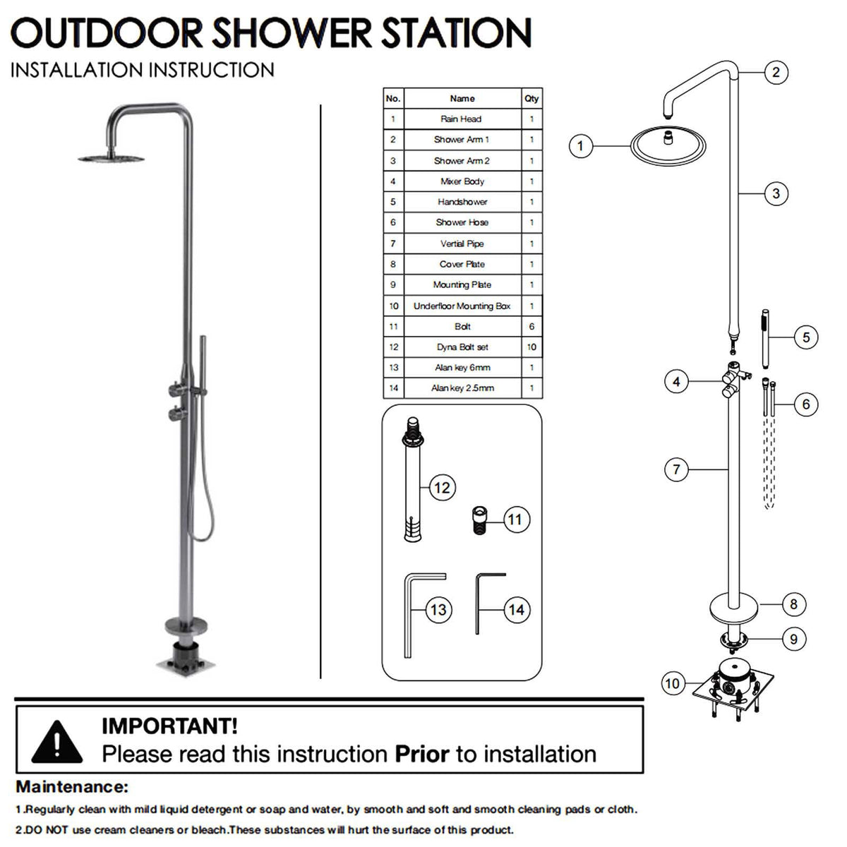 WELS Matte Black 316SUS Dual Shower Set Outdoor Bath System Rainfall 10" Head