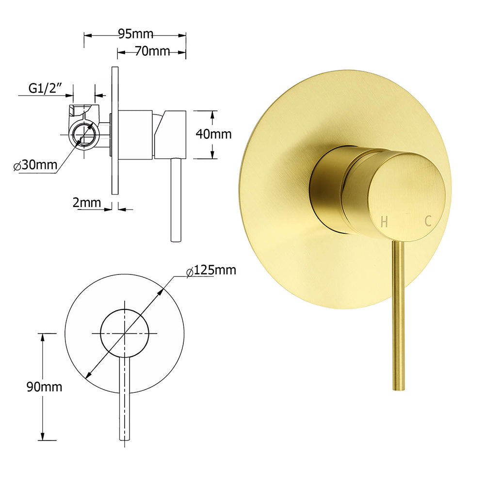 Watermark Brushed Gold Round Bathroom Shower Hot Cold Mixer Ceramic Cartridge OZ