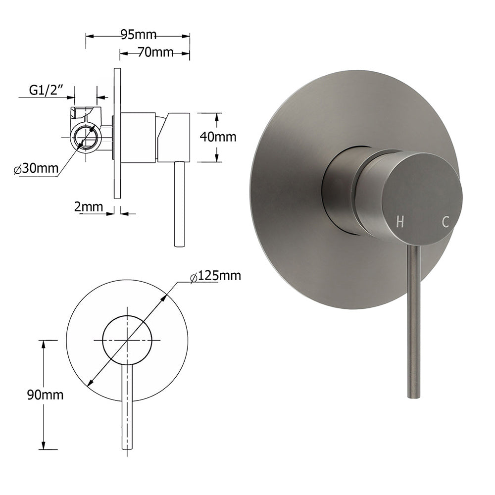 Watermark Gun Metal Grey Round Bathroom Shower Hot Cold Mixer Ceramic Cartridge
