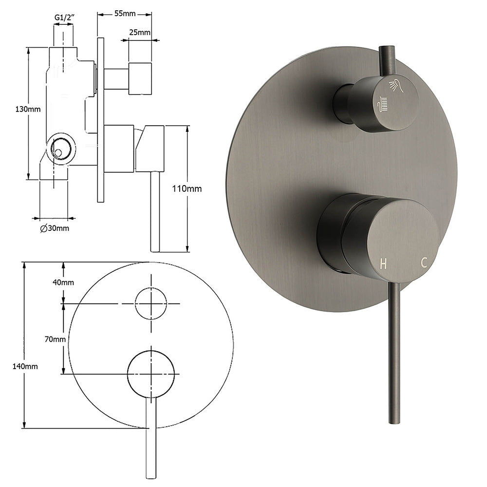 Gun Metal Gray Round Shower Mixer 2 Way Diverter For Bath Twin Shower Watermark