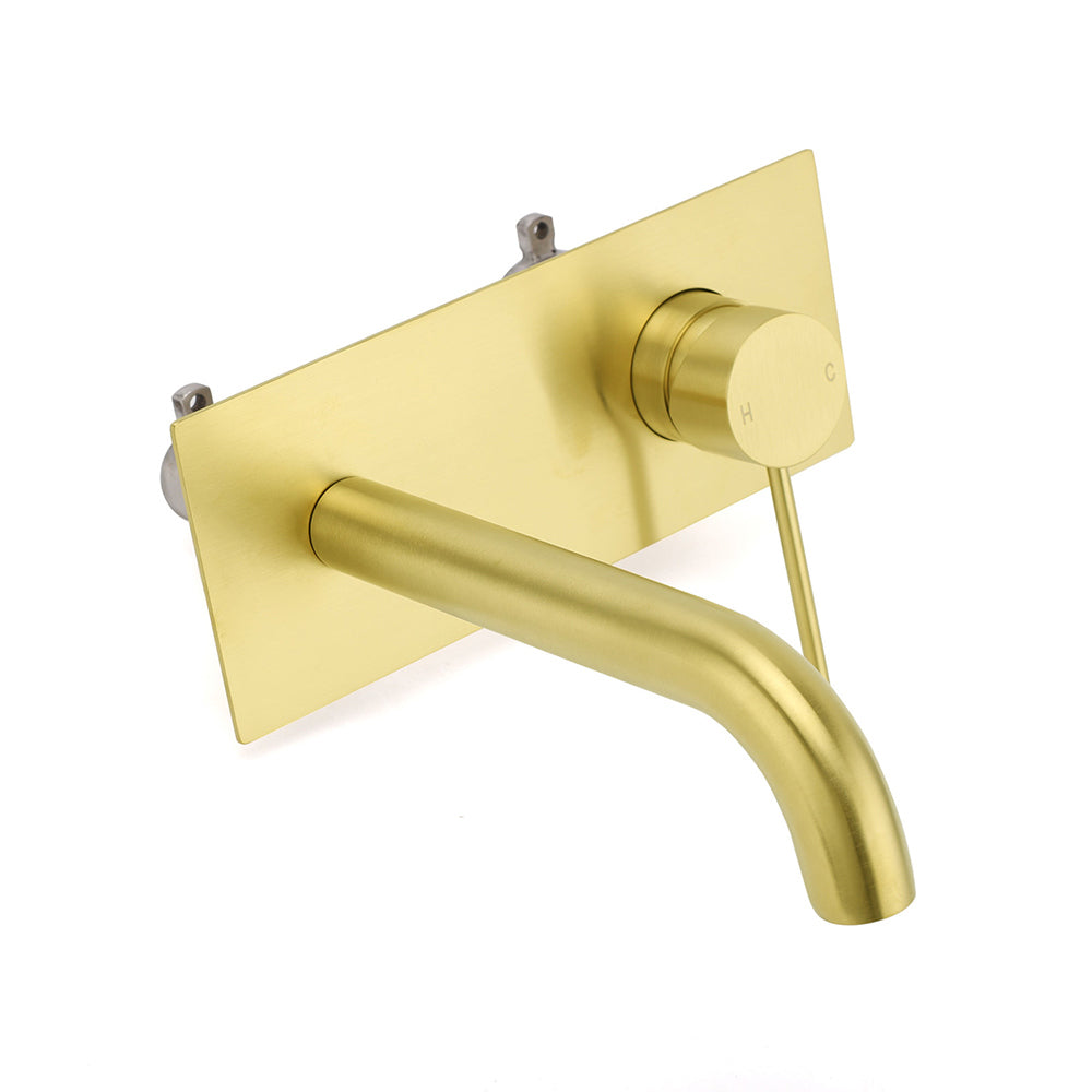 WELS Bathroom Round Wall Basin Mixer Vanity Sink Tap Spout Faucet Brushed Gold