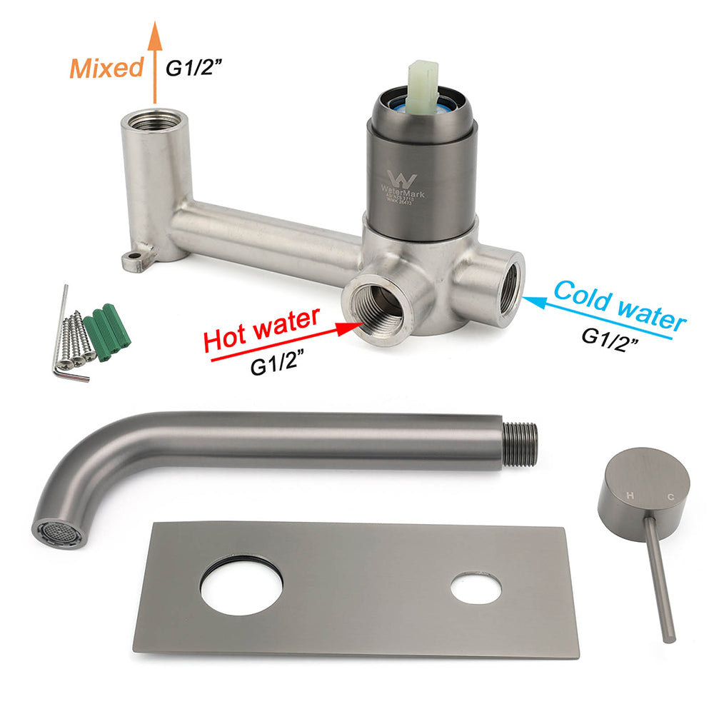 WELS Gun Metal Round Wall Basin Mixer Vanity Sink Tap Hot Cold Faucet Spout