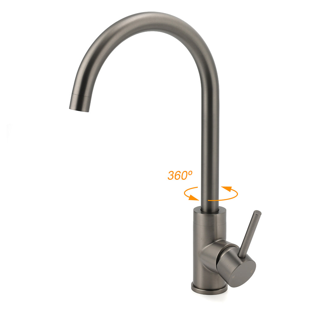 Gun Metal Round Kitchen Mixer Sink Tap 360° Swivel Laundry Basin Faucet Spout Set