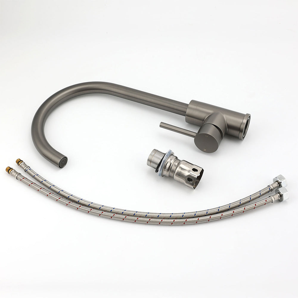 Gun Metal Round Kitchen Mixer Sink Tap 360° Swivel Laundry Basin Faucet Spout Set