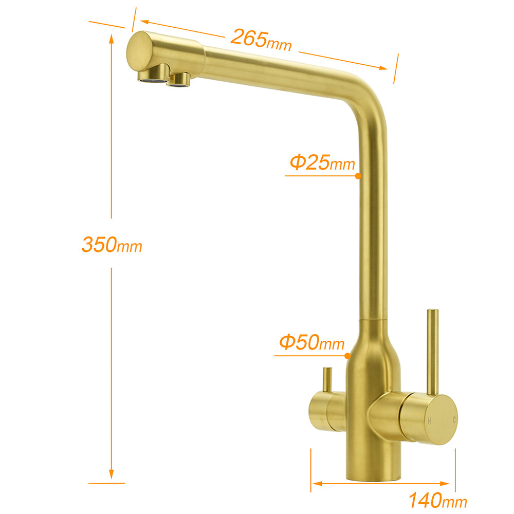 WELS Brushed Gold 3 Ways Kitchen Mixer Tap Swivel Spout Pure Water Sink Faucet Set