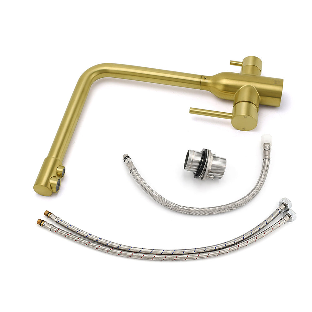 WELS Brushed Gold 3 Ways Kitchen Mixer Tap Swivel Spout Pure Water Sink Faucet Set