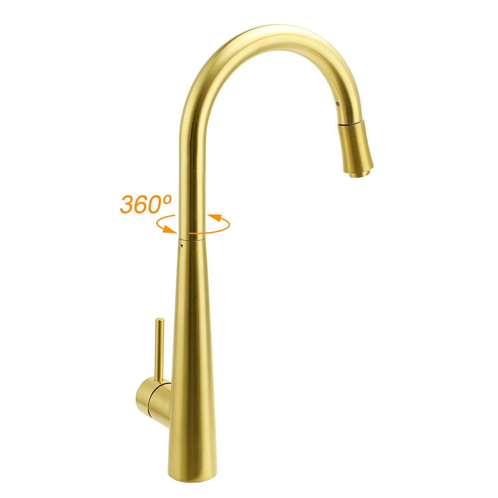 Round Brushed Gold Pull Out Kitchen Sink Tap Basin Mixer Faucet Flexible Spout
