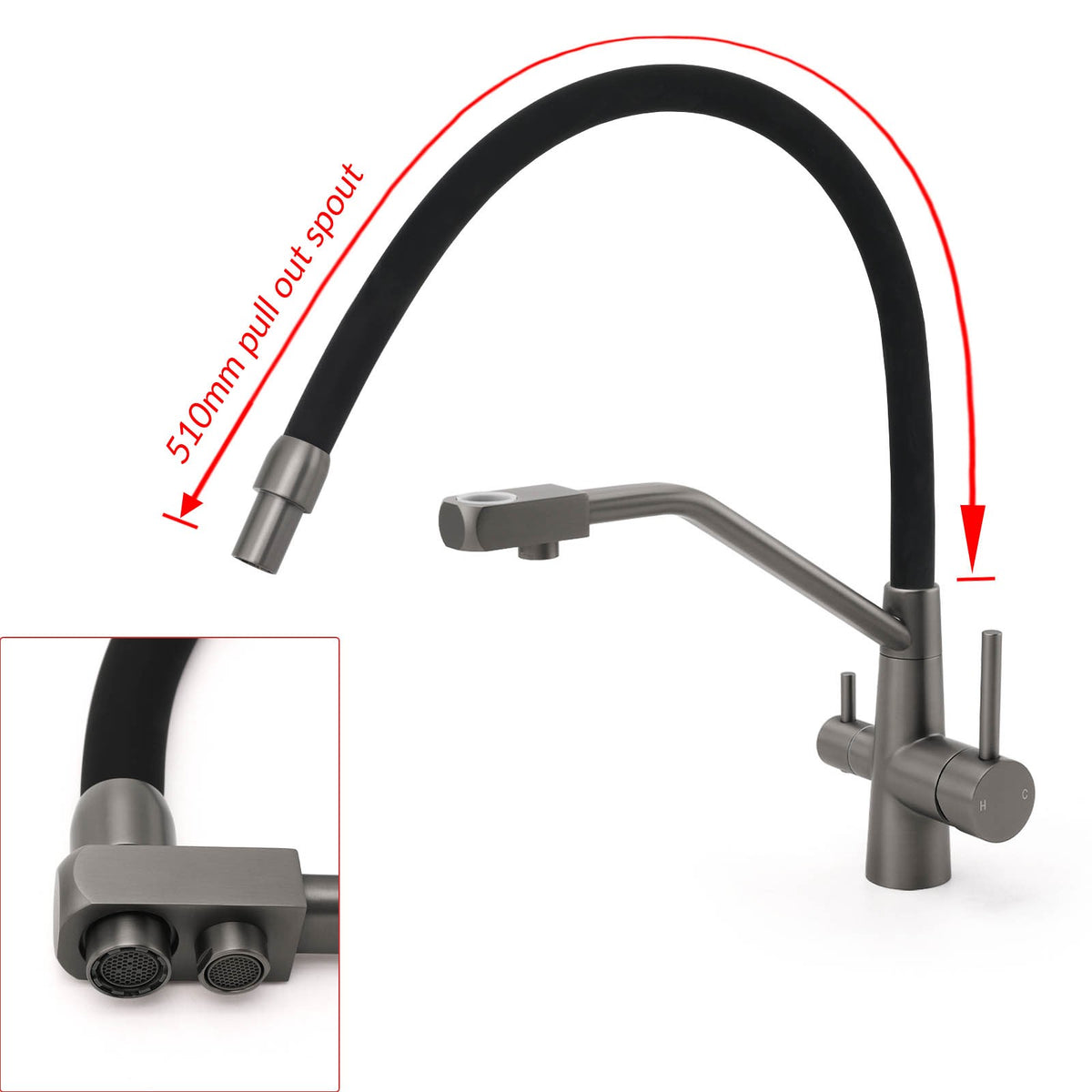 NEW Gun Metal Grey 3-Way Drink Pure Water Kitchen Mixer Pull Out Spout Sink Tap
